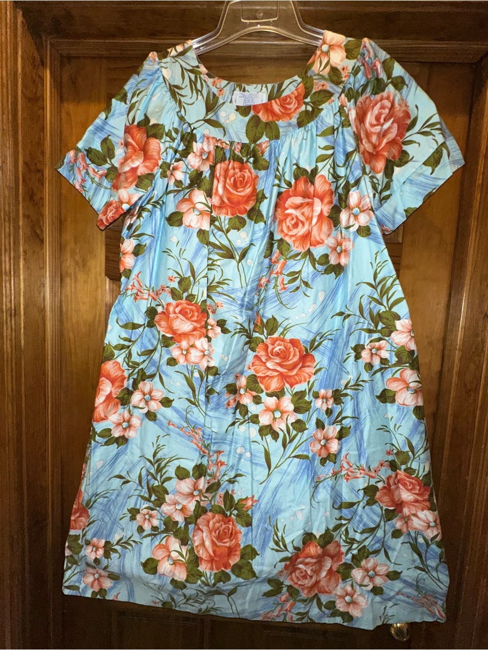 Floral Short-Sleeve Mini Dress in Light Blue with Coral Roses with Pockets